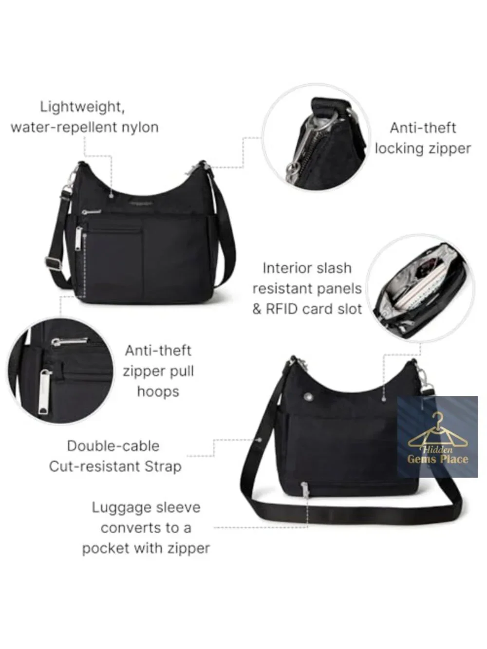 Anti-theft Crossbody Bag with RFID Blocking and Locking Zippers